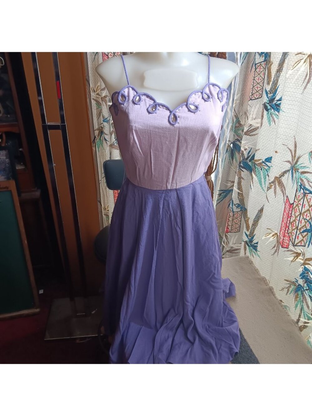 Vintage 1950's Lavendar Prom Dress Gemstone Rhinestones Spaghetti Straps Pleats